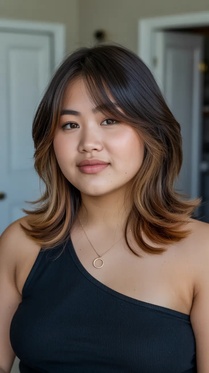 Stylish haircuts for plus size ladies 2026 Medium Feathered Cut With Bardot Fringe