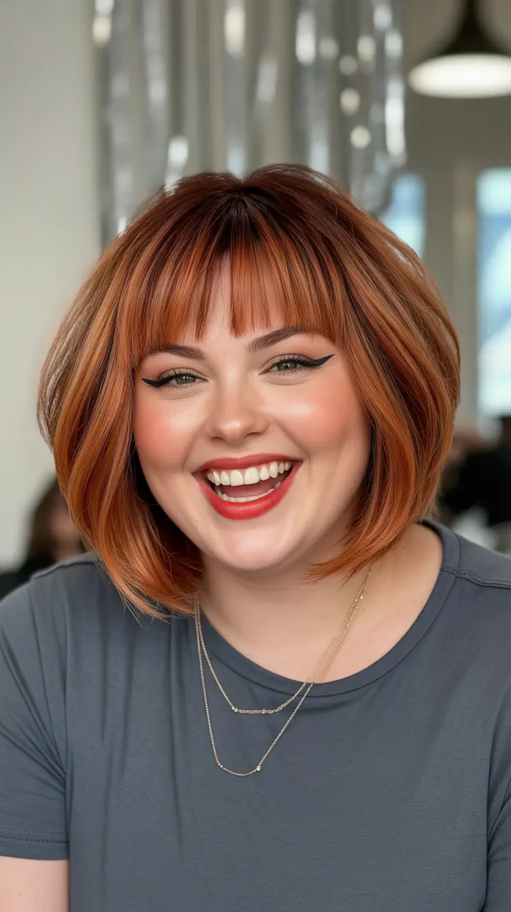 Stylish haircuts for plus size ladies 2026 Rounded Copper Bob With Full Fringe