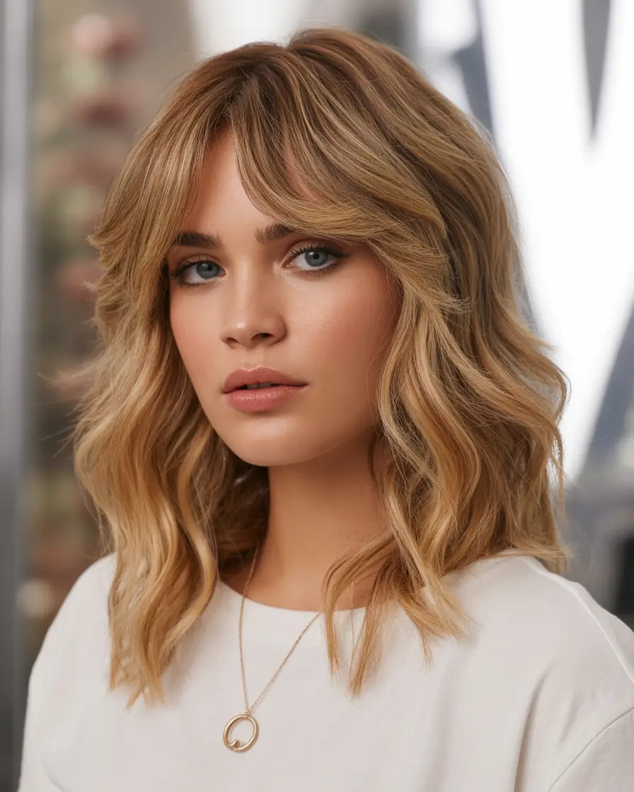 Stylish haircuts with bangs 2026 Soft Tousled Lob with Wispy Curtain Bangs