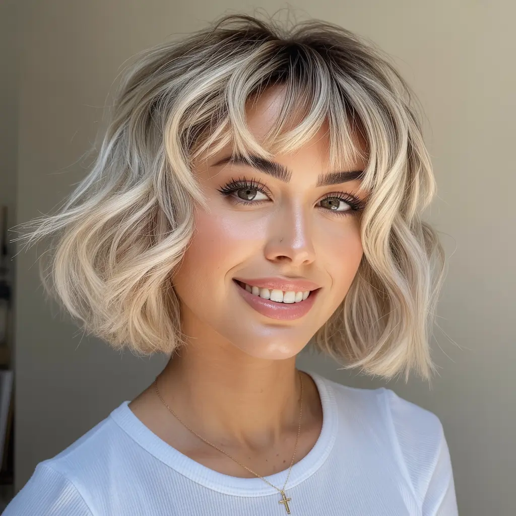Stylish haircuts with bangs 2026 Blonde Wavy Bob with Feathered Bangs