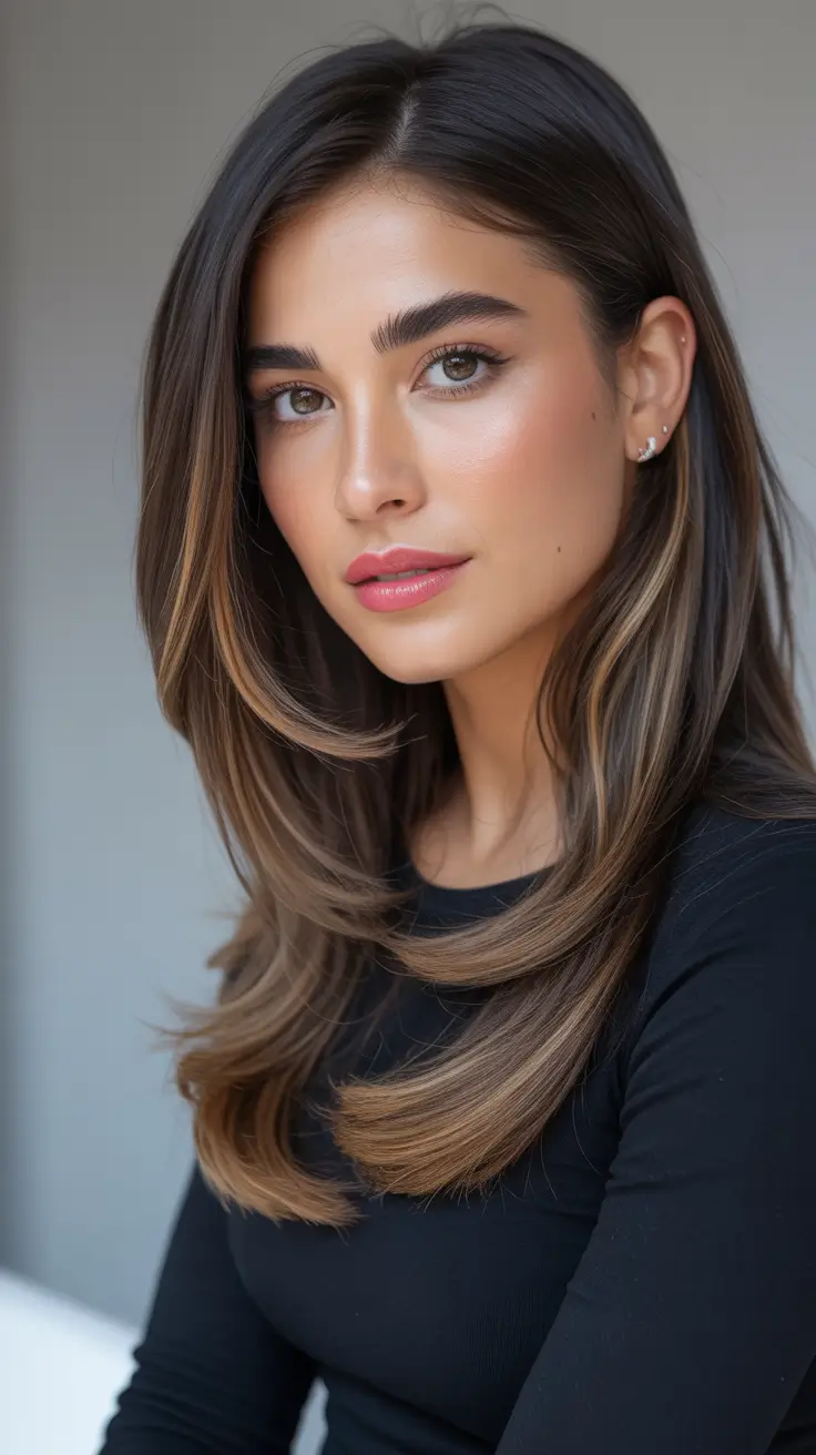 Stylish haircuts with bangs 2026 Long Straight Layers with Sleek Curtain Bangs