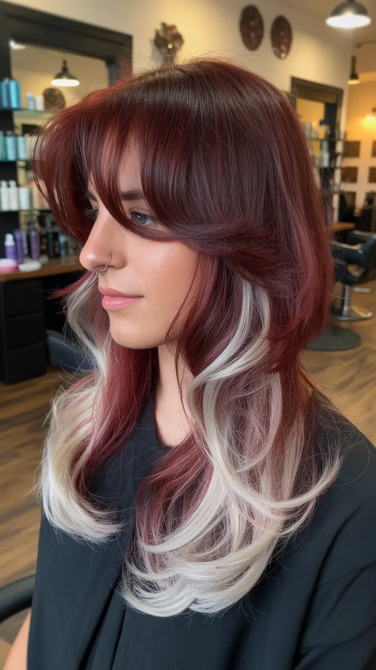 Stylish haircuts with bangs 2026 Burgundy and Icy Two-Tone Layers with Wispy Bangs