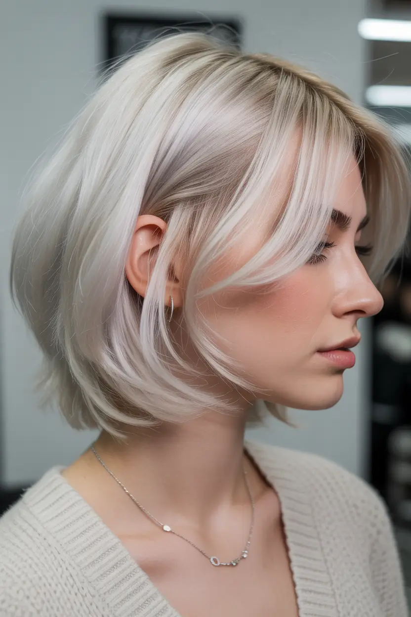 Stylish haircuts with bangs 2026 Soft Platinum Bob with Modern Curtain Fringe