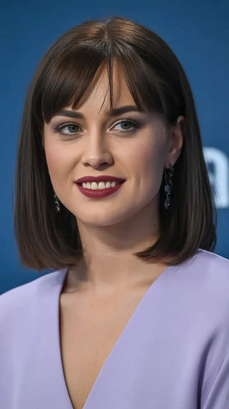 Stylish haircuts with bangs 2026 Classic Mid-Length Bob with Polished Fringe