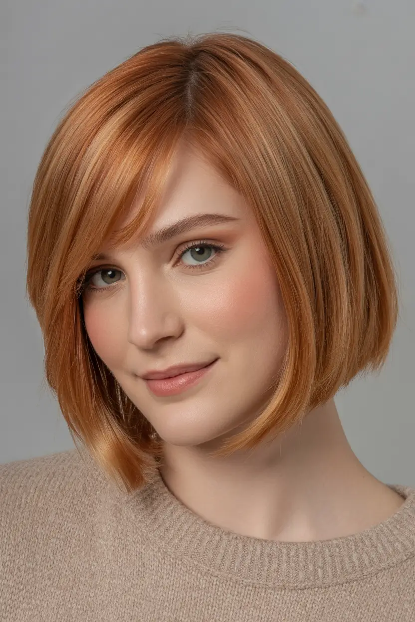 Stylish haircuts with bangs 2026 Soft Ginger Bob with Side-Swept Bangs