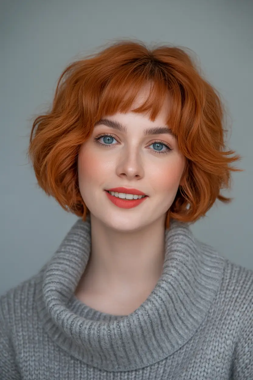 Stylish haircuts with bangs 2026 Textured Copper Shag Bob with Baby Fringe