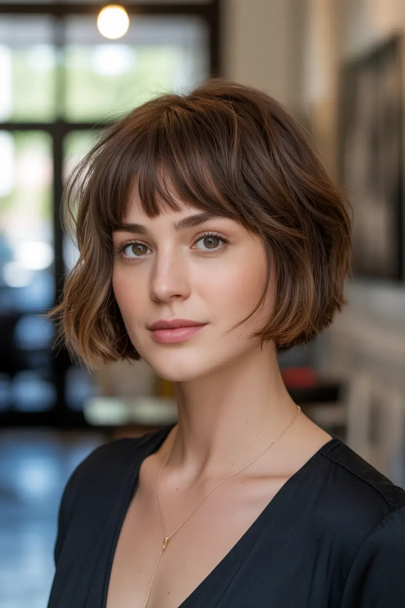 Stylish haircuts with bangs 2026 Soft Brown Crop Bob with Wispy Micro Bangs