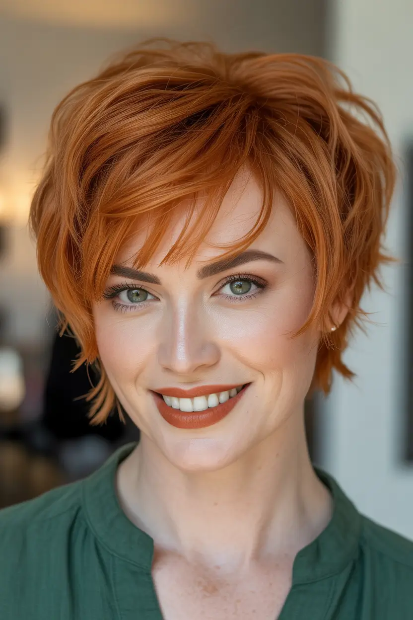 Stylish haircuts with bangs 2026 Textured Ginger Pixie with Airy Fringe
