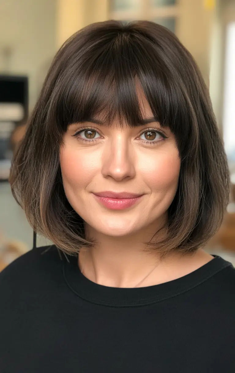Stylish haircuts with bangs 2026 Rounded Brunette Bob with Full Fringe