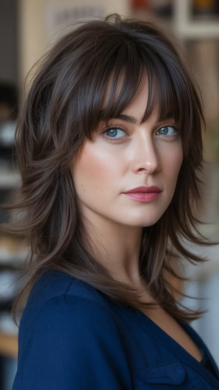 Stylish haircuts with bangs 2026 Feathered Mid-Length Shag with Soft Bottleneck Bangs