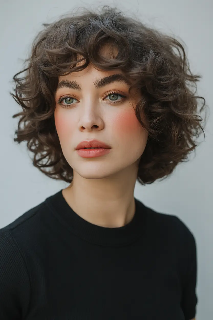 Stylish haircuts with bangs 2026 Short Curly Bob with Rounded Micro Fringe