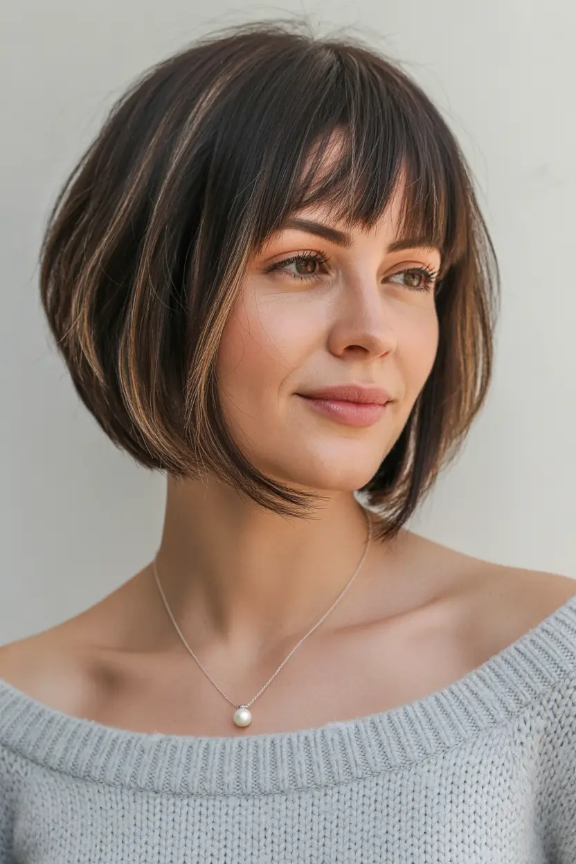 Stylish haircuts with bangs 2026 Chocolate Highlights Bob with Delicate Baby Bangs