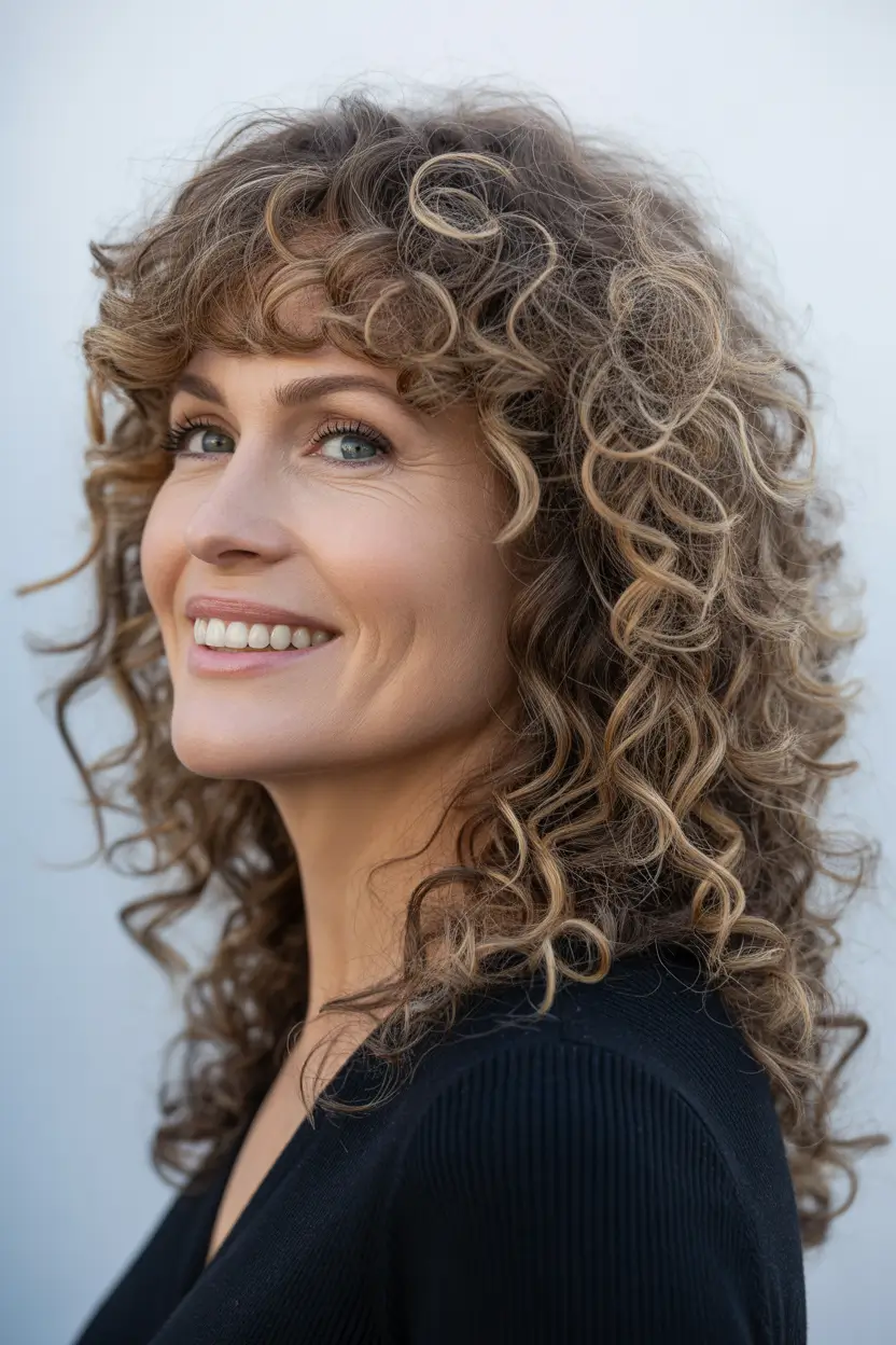 Stylish haircuts with bangs 2026 Long Curly Layers with Rounded Fringe