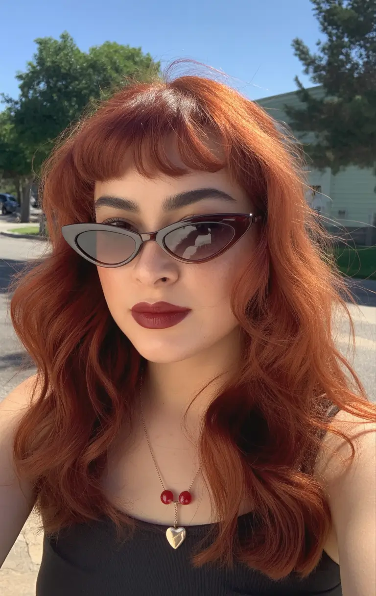 Stylish haircuts with bangs 2026 Retro Copper Waves with Petite Baby Fringe