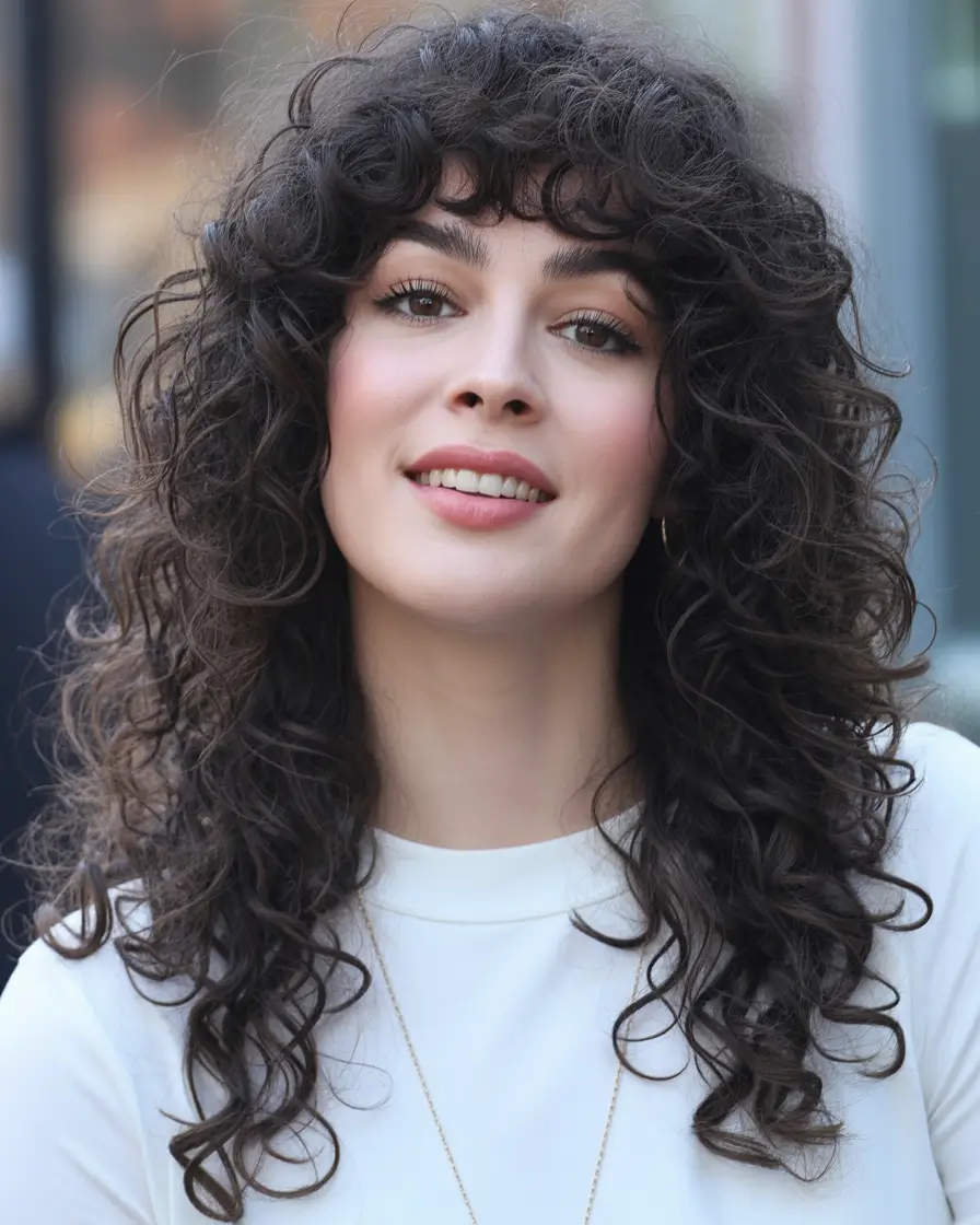 Stylish haircuts with bangs 2026 Curly Layers with Soft Spiral Bangs