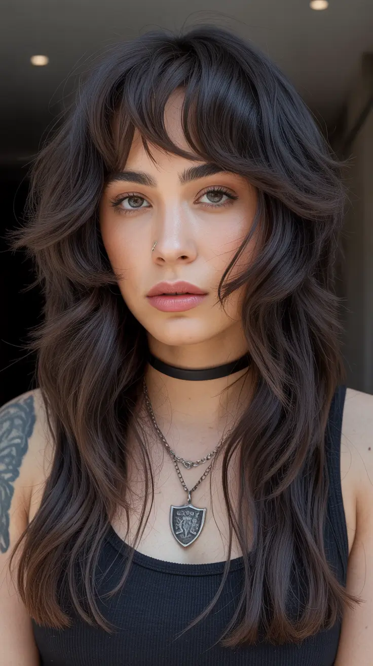 Stylish haircuts with bangs 2026 Dark Butterfly Shag with Wispy Bangs