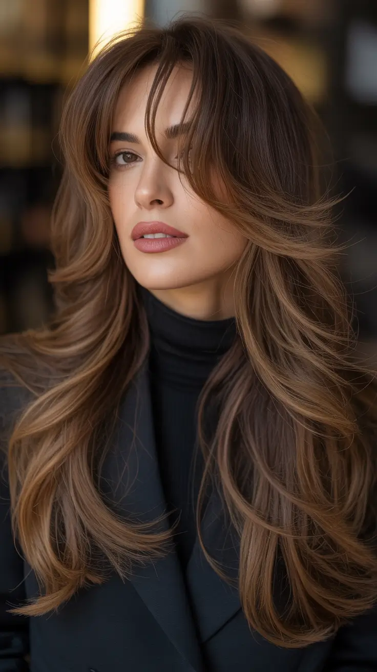 Stylish haircuts with bangs 2026 Chestnut Waves with Soft Curtain Fringe