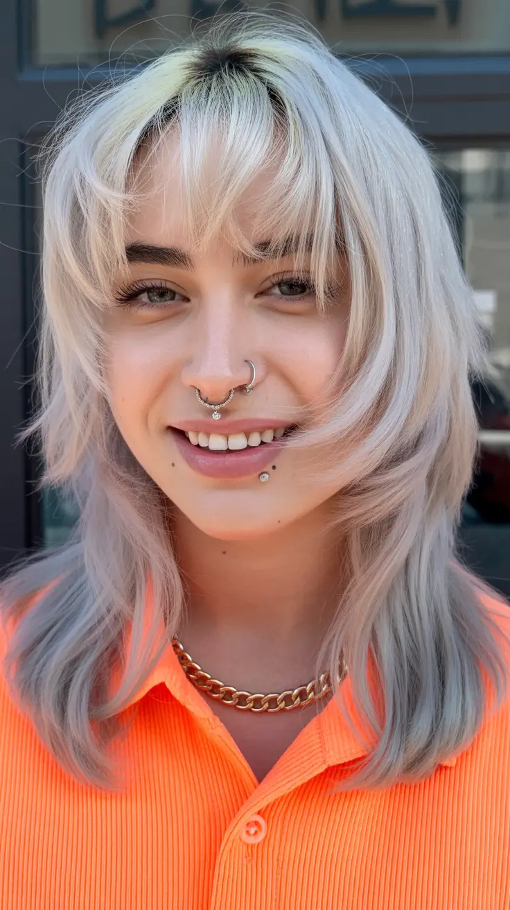 Stylish haircuts with bangs 2026 Silver Mid Length Shag with Baby Bangs