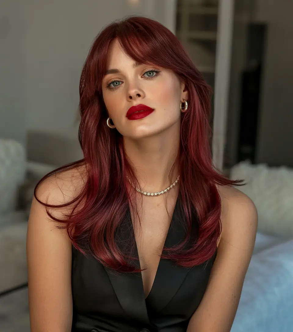 Stylish haircuts with bangs 2026 Burgundy Long Layers with Soft Feathered Bangs