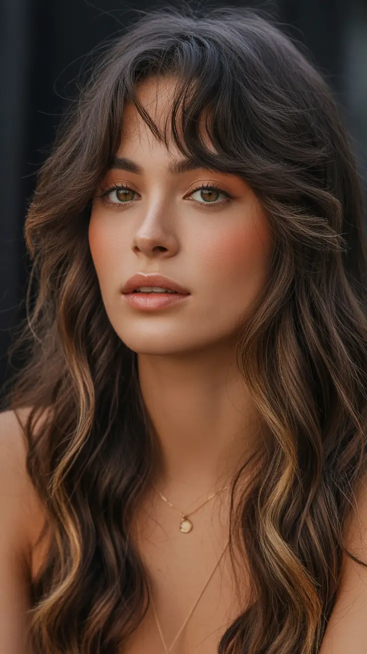 Stylish haircuts with bangs 2026 Soft Brown Waves with Airy Bangs