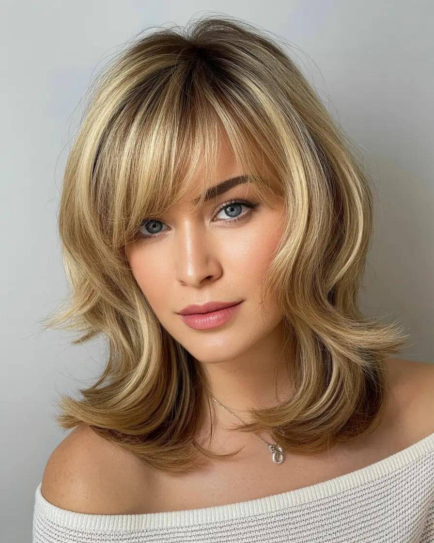 Stylish haircuts with bangs 2026 Golden Layered Bob with Soft Bangs