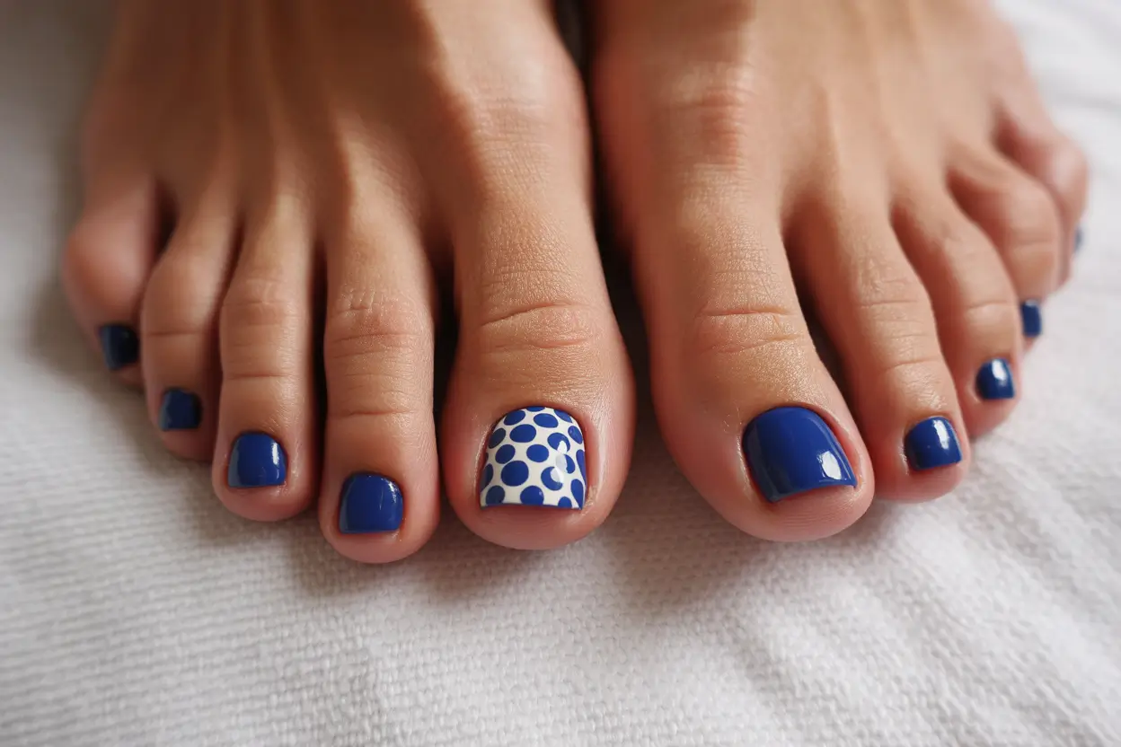 Toe nail designs for 2026 Blue polka dot
