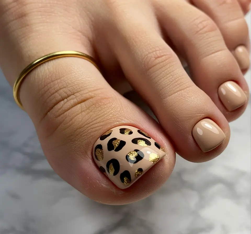 Toe nail designs for 2026 Beige leopard gold
