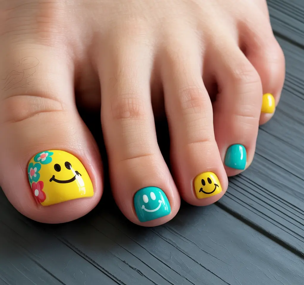 Toe nail designs for 2026 Yellow teal smiley