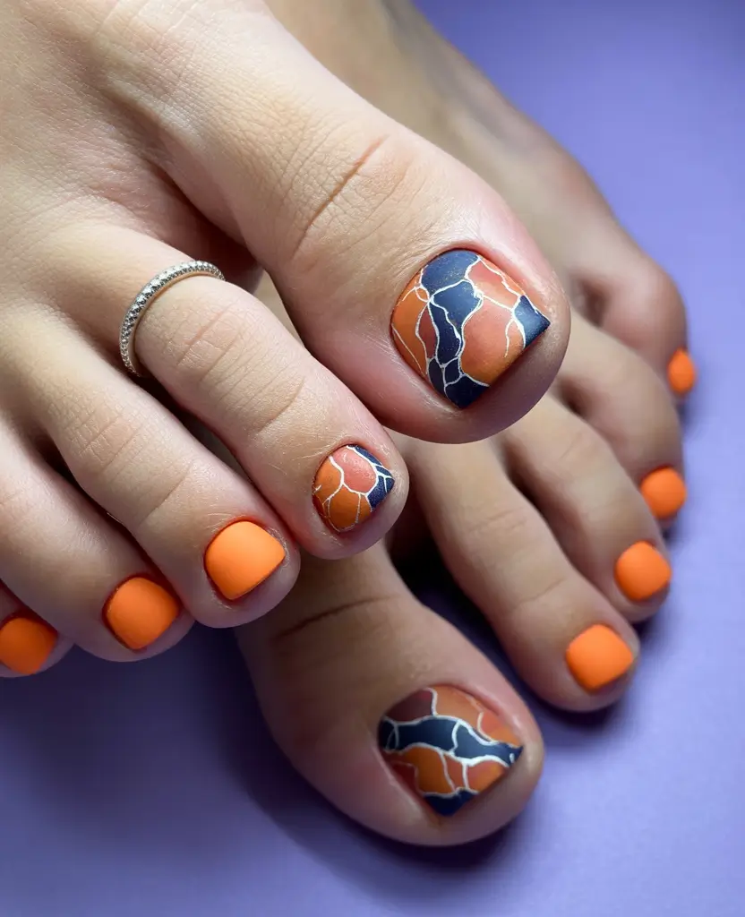 Toe nail designs for 2026 Orange blue abstract waves