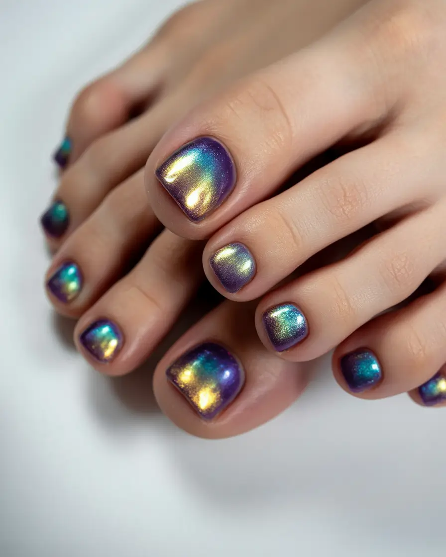 Toe nail designs for 2026 Purple chrome cat eye
