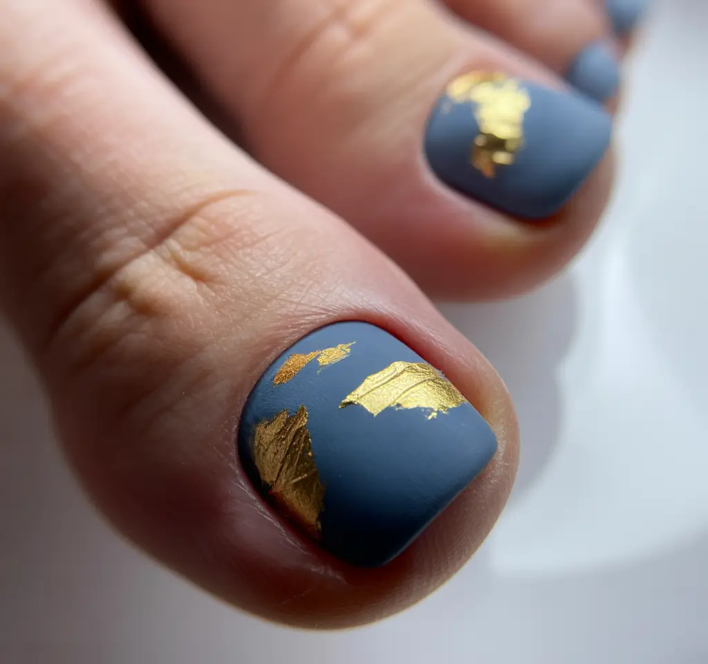 Toe nail designs for 2026 Blue gold foil