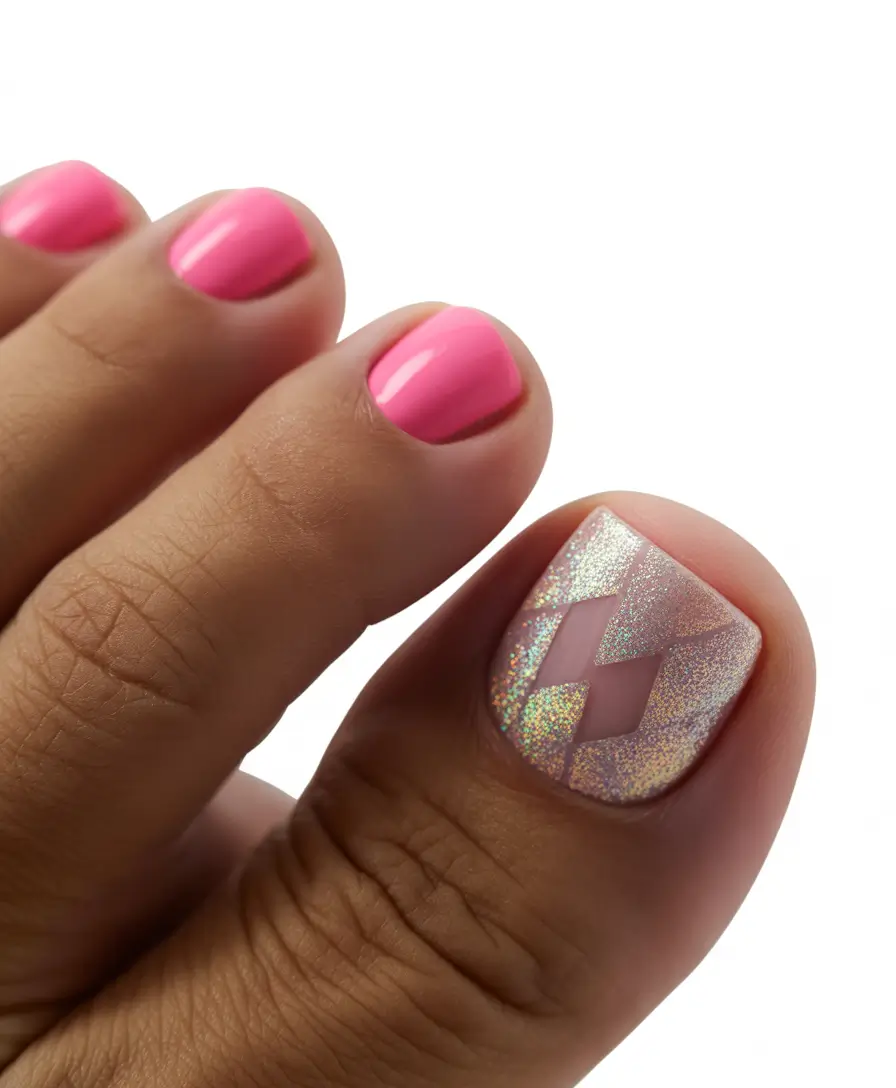 Toe nail designs for 2026 Pink holographic geometric