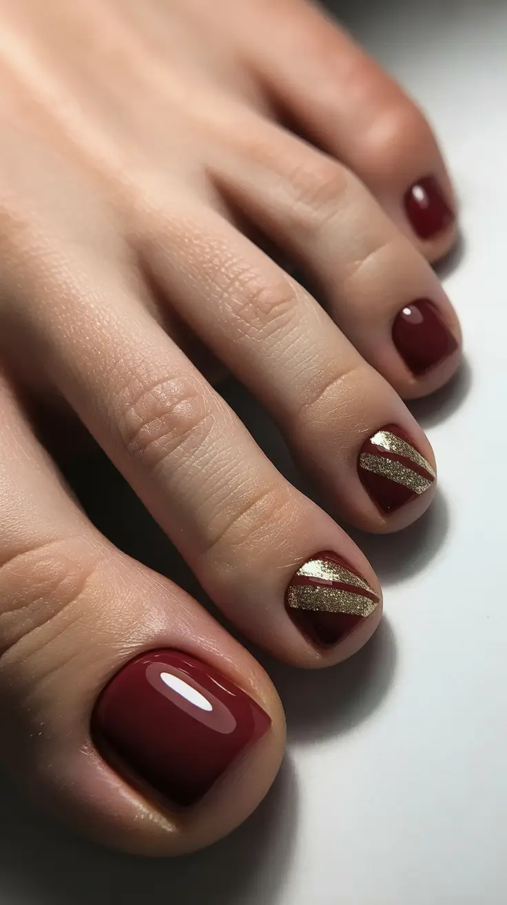 Toe nail designs for 2026 Burgundy gold stripes