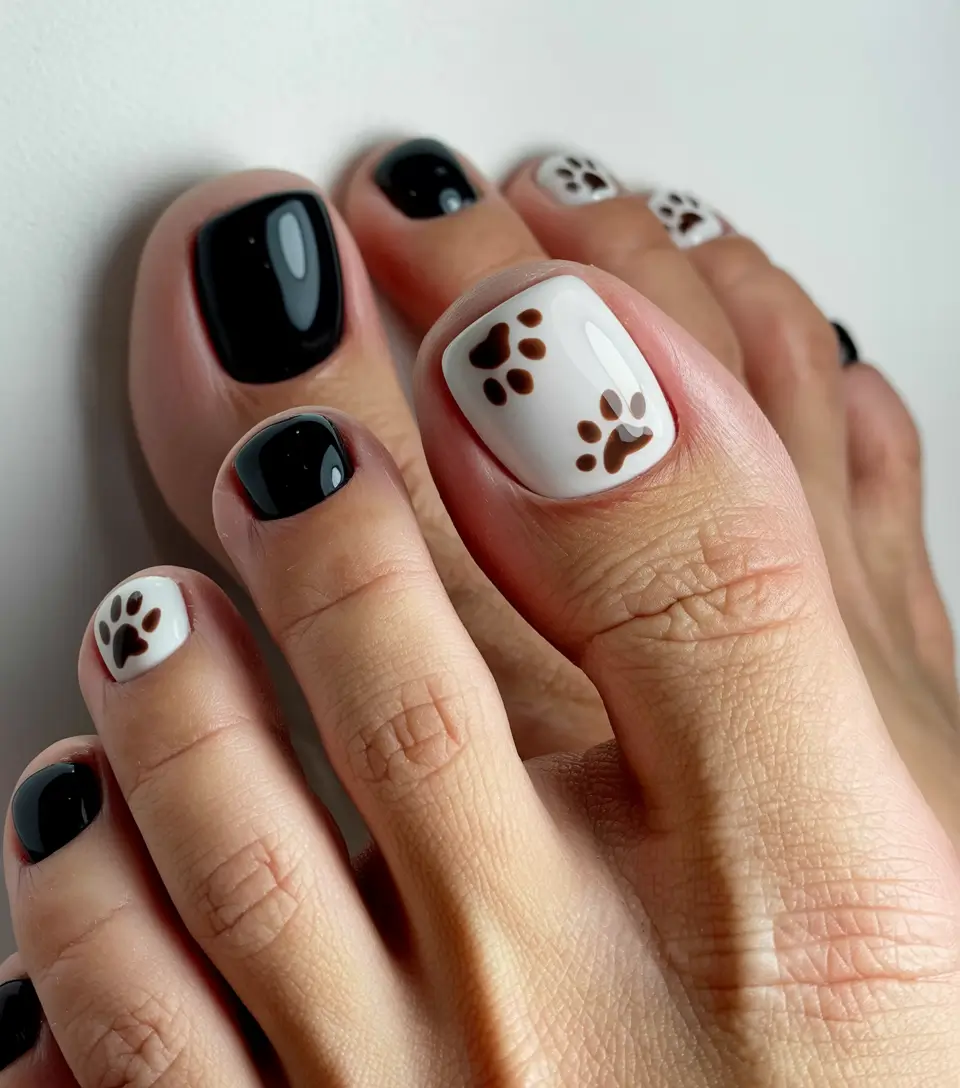 Toe nail designs for 2026 Black white paw print
