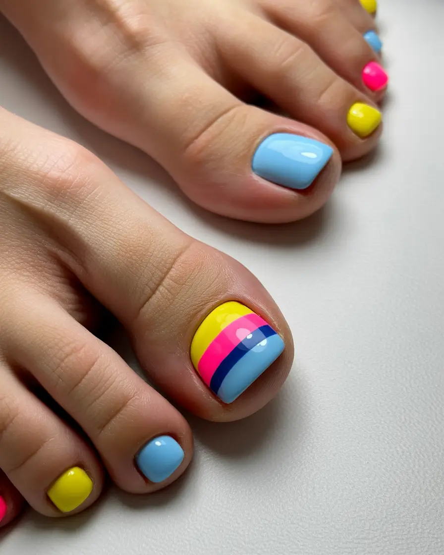 Toe nail designs for 2026 Yellow blue stripes
