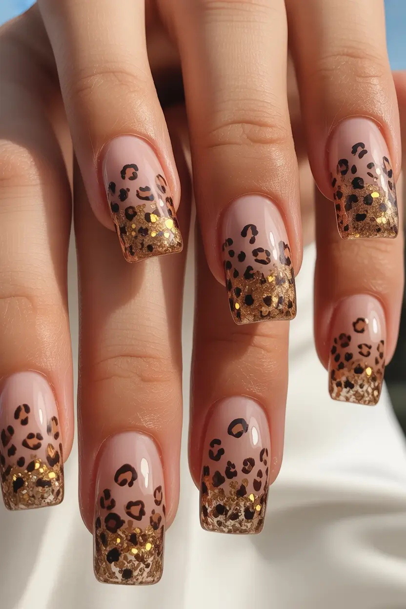 trendy square nails 2026 Soft Nude Leopard Square Nails