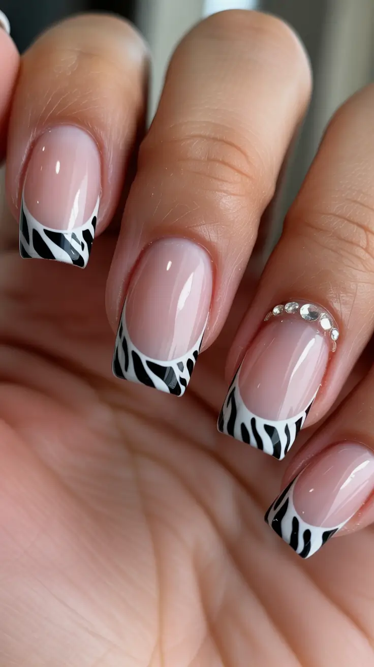 trendy square nails 2026 Zebra French Square Nails