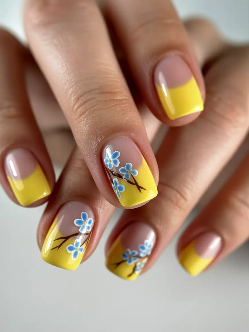 trendy square nails 2026 Yellow Floral Square Nails