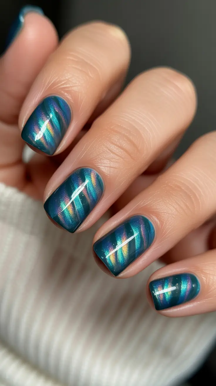 trendy square nails 2026 Blue Cat Eye Square Nails