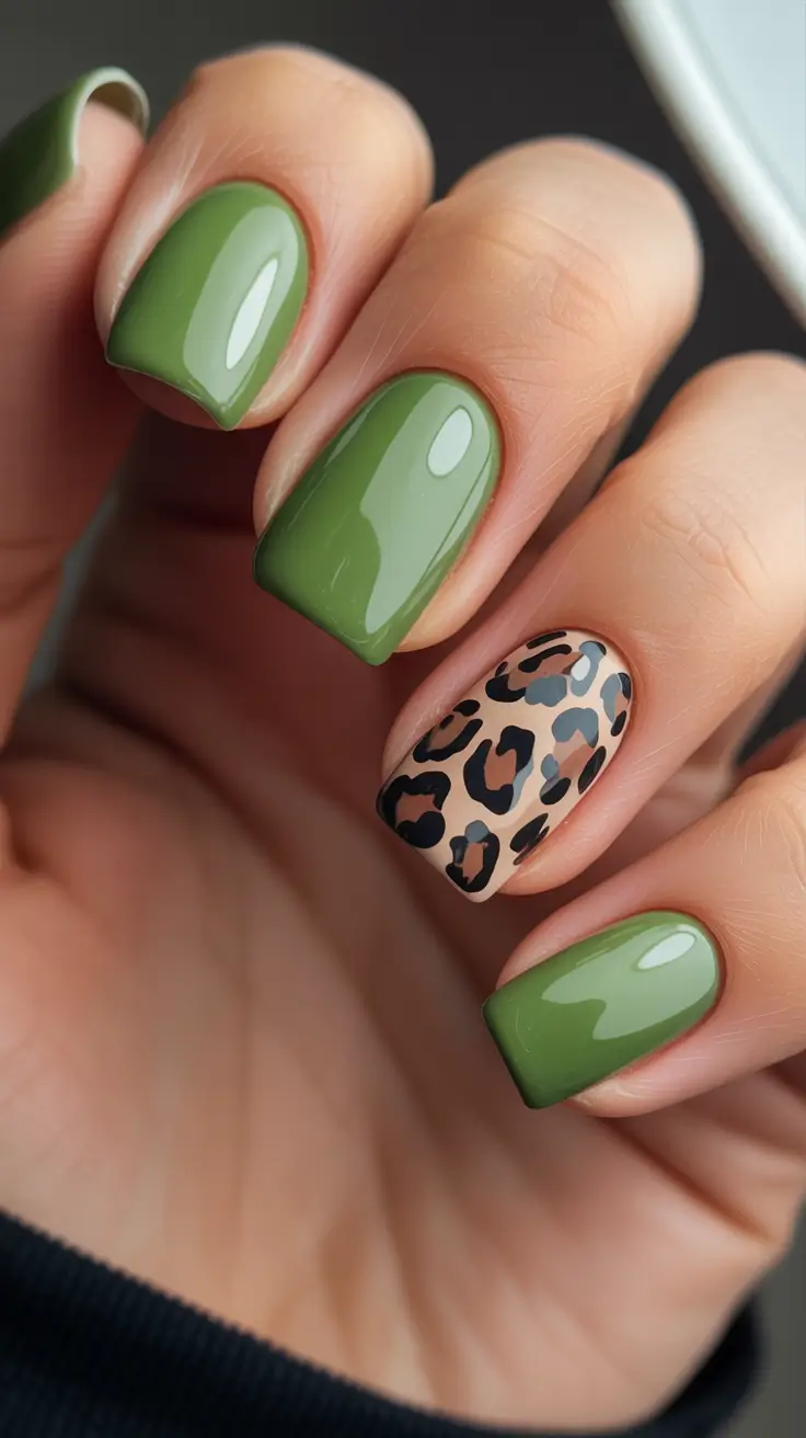 trendy square nails 2026 Green Leopard Square Nails
