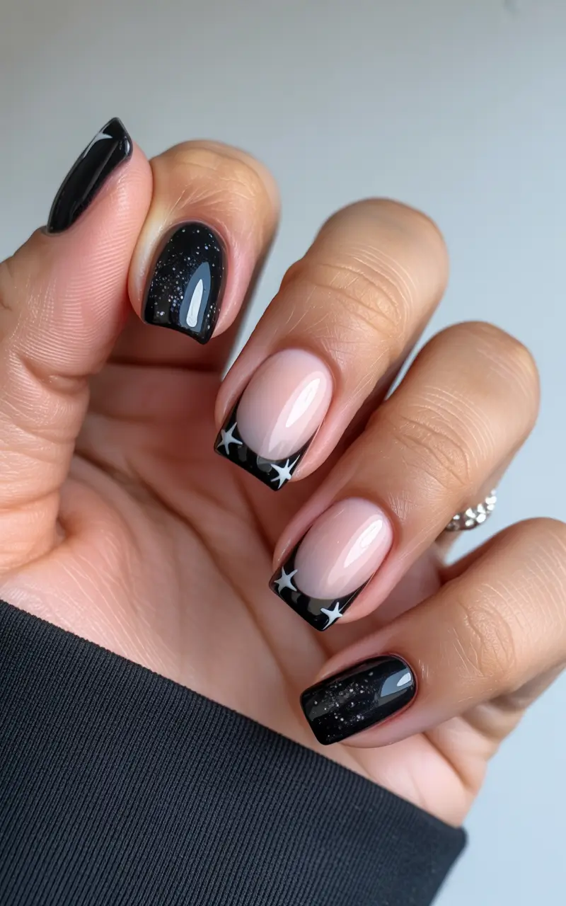 trendy square nails 2026 Black Star French Nails