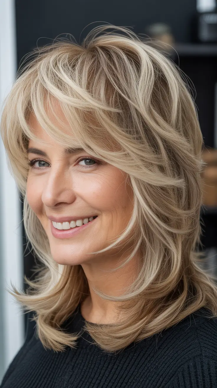 Youthful haircuts for women over 50 2026 Feathered Medium Length Layers With Soft Blonde Flow