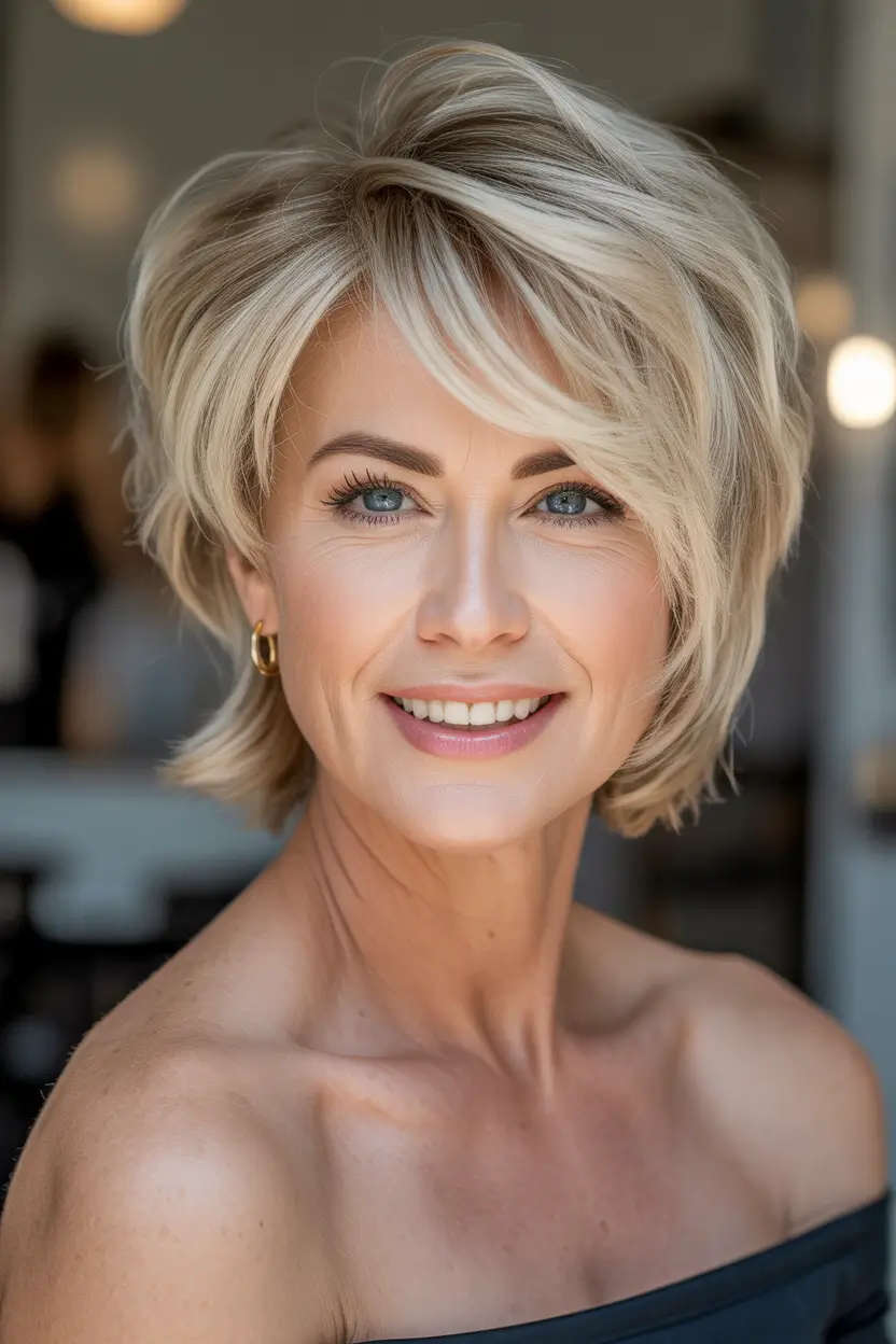 Youthful haircuts for women over 50 2026 Dynamic Chic Short Cut With Sweeping Layers