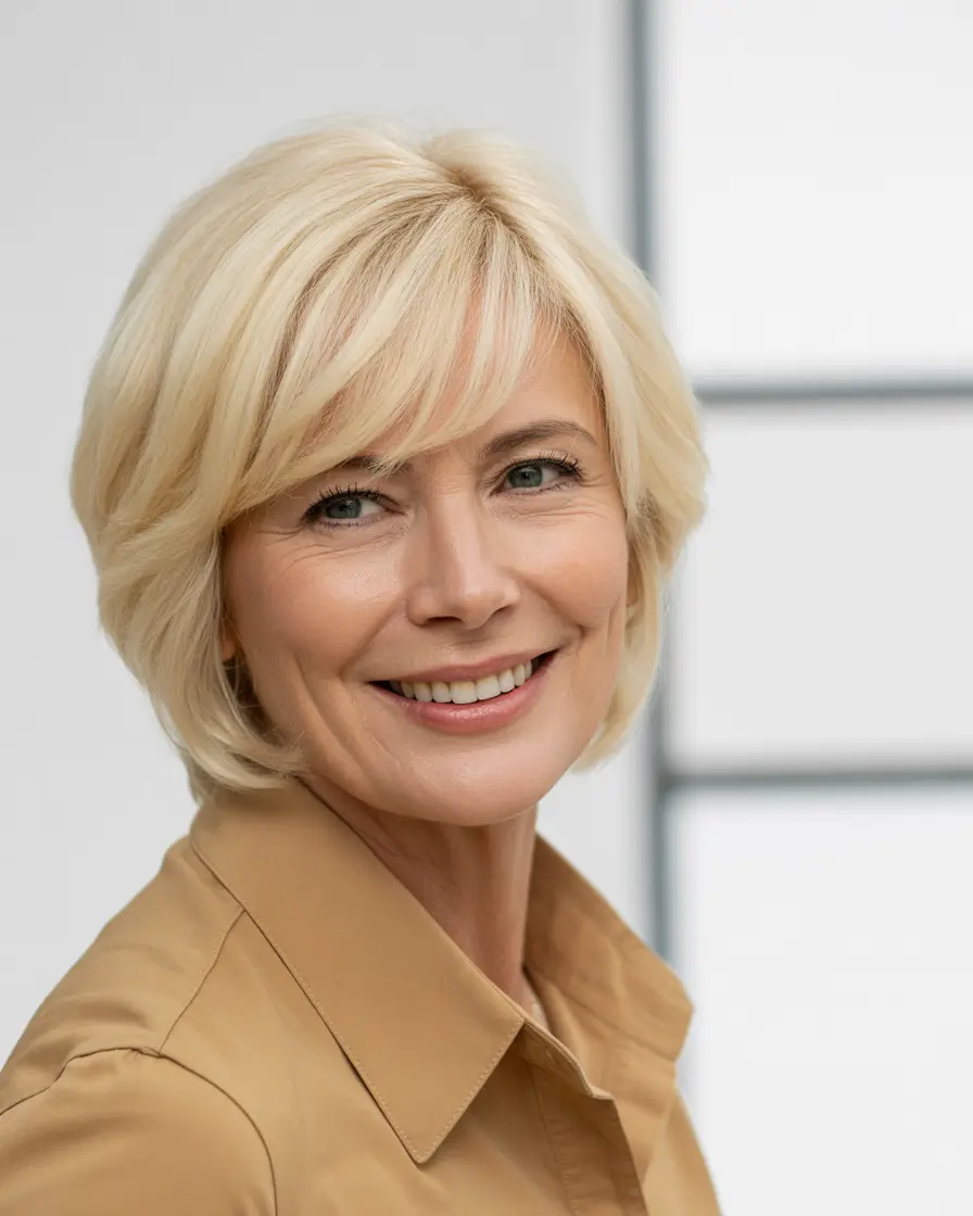 Youthful haircuts for women over 60 2026 Soft Blonde Bob with Light Youthful Fringe