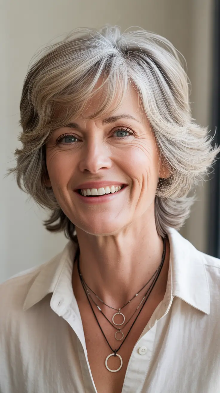 Youthful haircuts for women over 60 2026 Feathered Medium Layers with Silver Dimension
