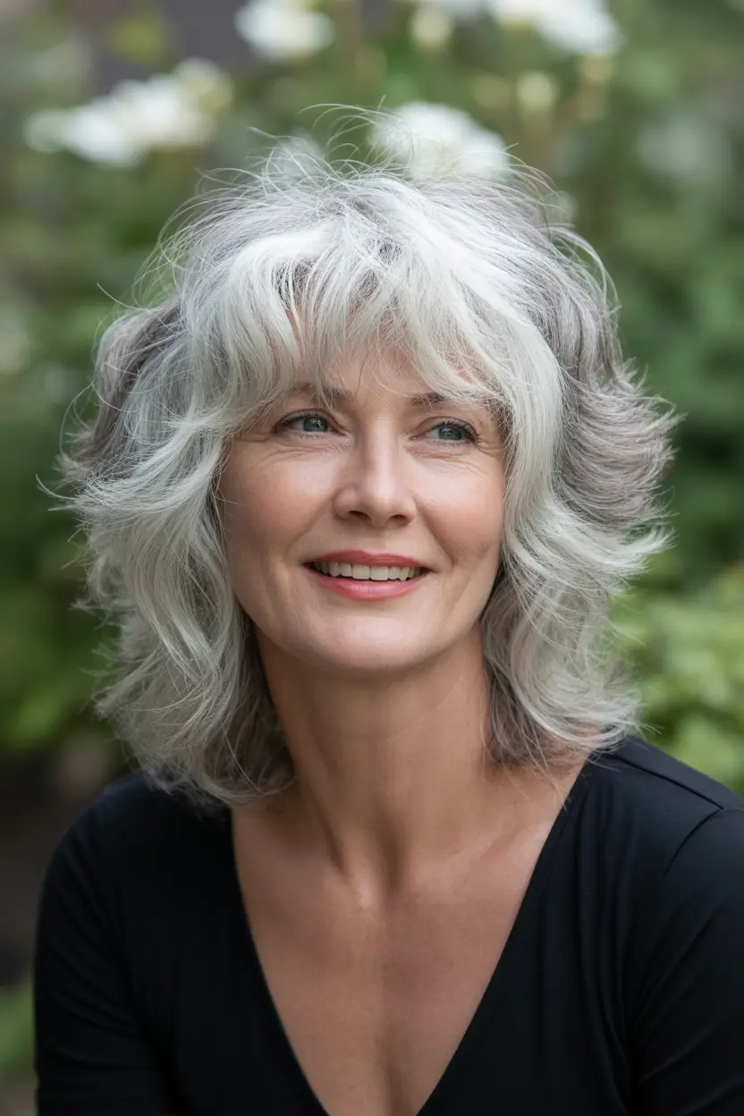 Youthful haircuts for women over 60 2026 Silver Modern Shag with Windswept Movement
