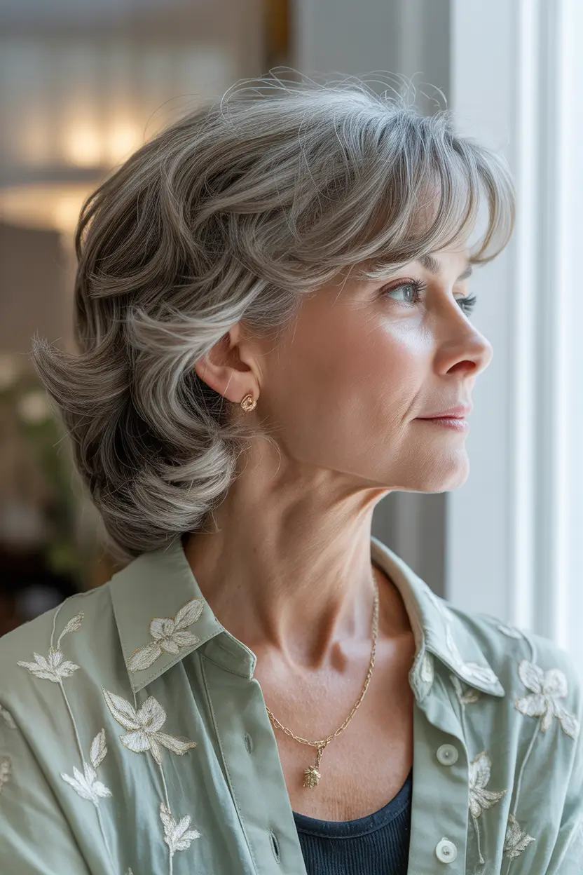Youthful haircuts for women over 60 2026 Elegant Layered Waves with a Soft Retro Flair
