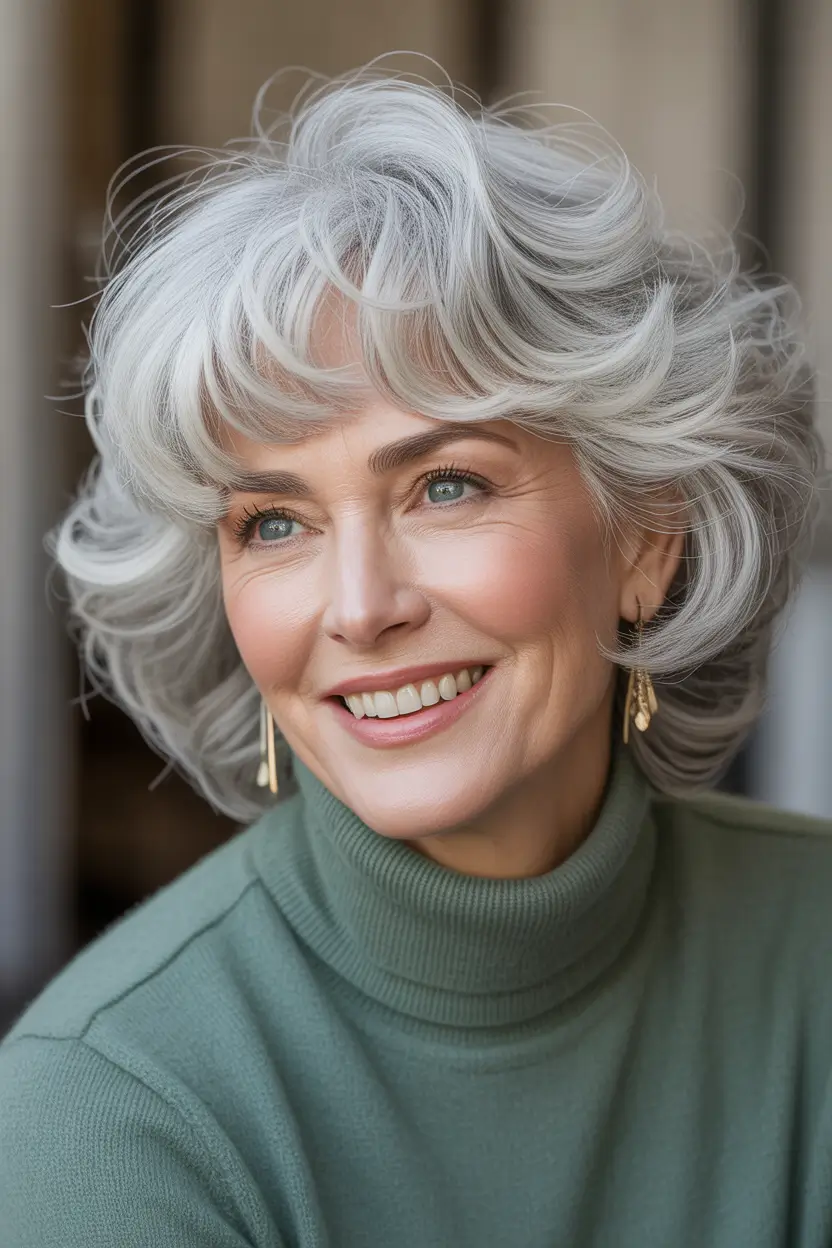 Youthful haircuts for women over 60 2026 Soft Silver Layers with Feathered Fringe