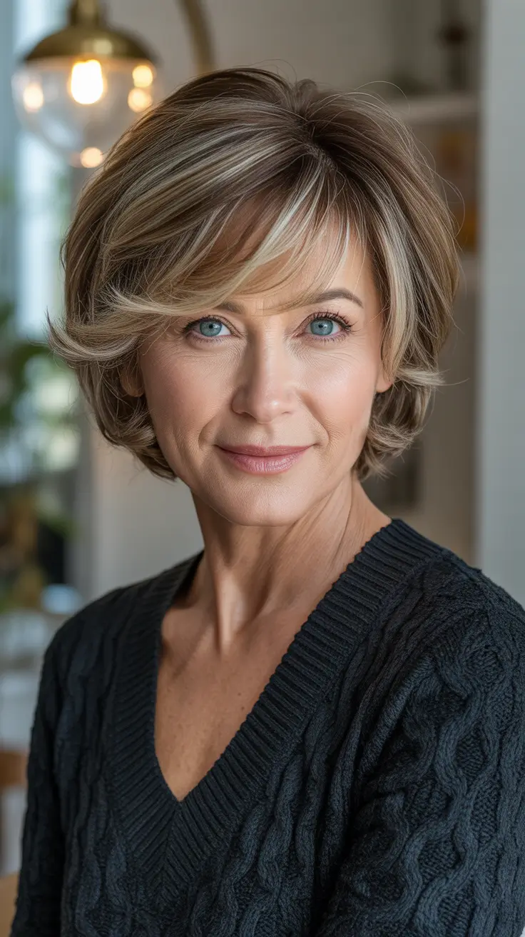Youthful haircuts for women over 60 2026 Layered Medium Bob with Soft Honey Highlights