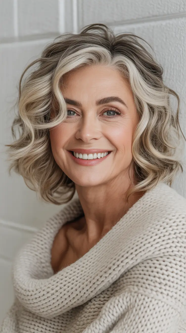 Youthful haircuts for women over 60 2026 Lively Curly Medium Bob with Bright Contouring Streaks